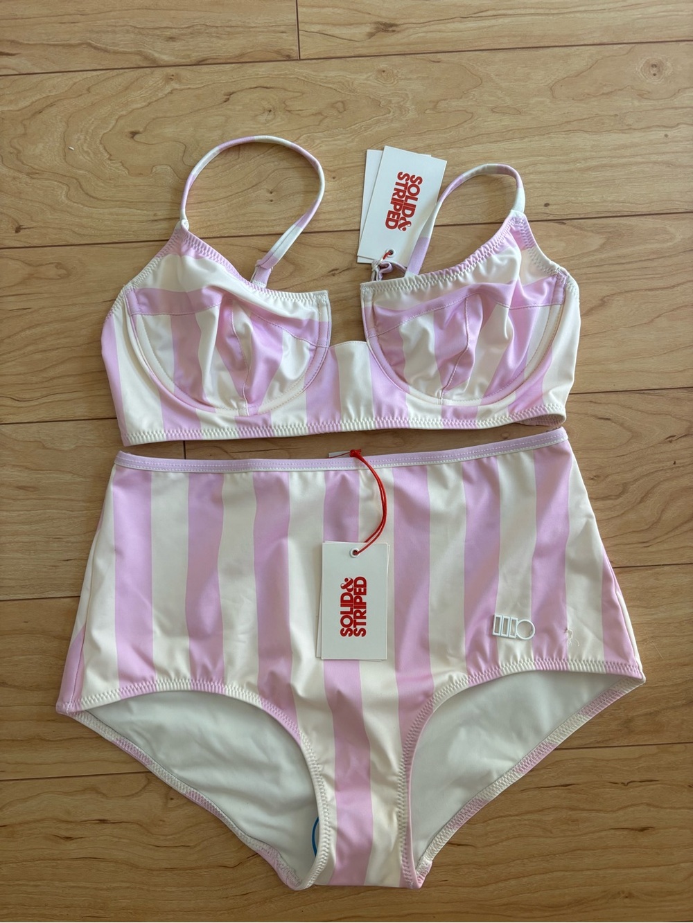 SOLID & STRIPED Pink and White Striped High-Waist Bikini Set